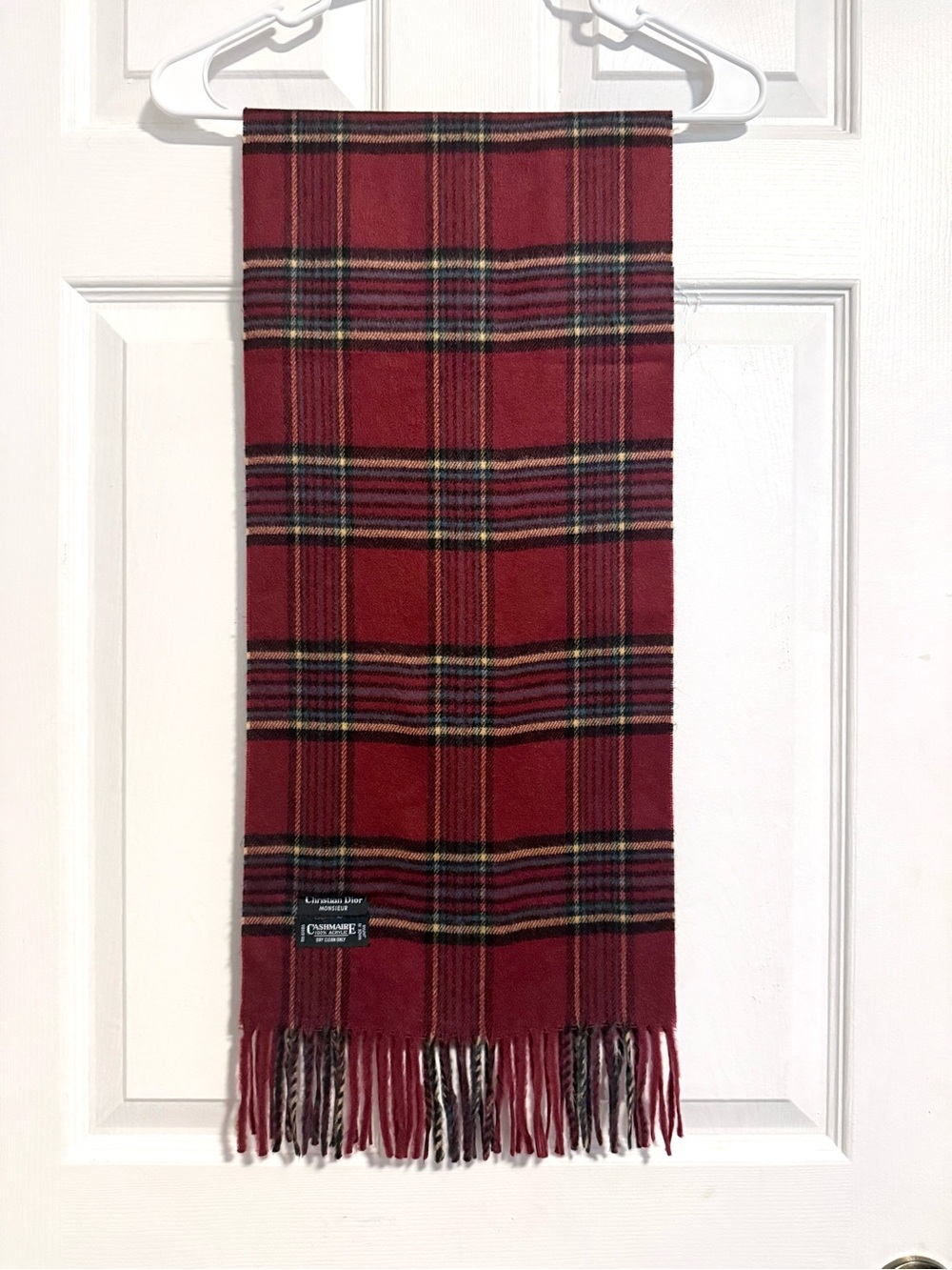 Christian Dior Monsieur Cashmaire Red Blue Scarf Plaid Fringe Old Money 54”X 11”